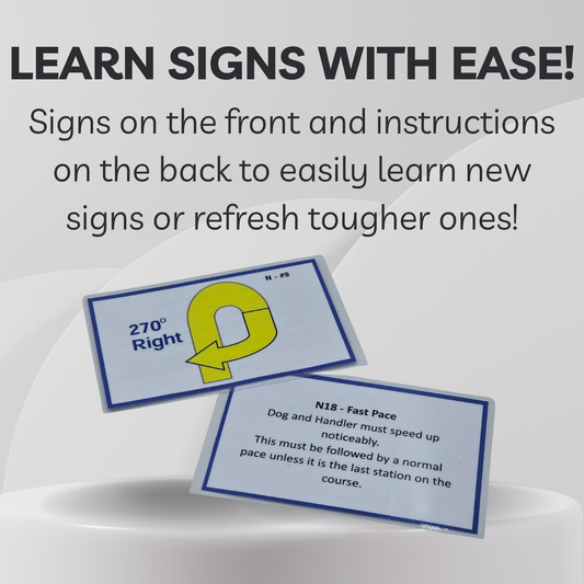 Two educational flashcards with signs and instructions on a gray background