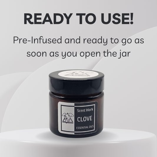 Jar of Scent Work Clove essential oils with text indicating it is ready to use.