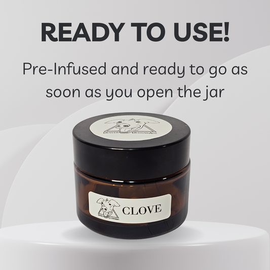 Jar of Clove with text 'READY TO USE! Pre-Infused and ready to go as soon as you open the jar' on a gray background