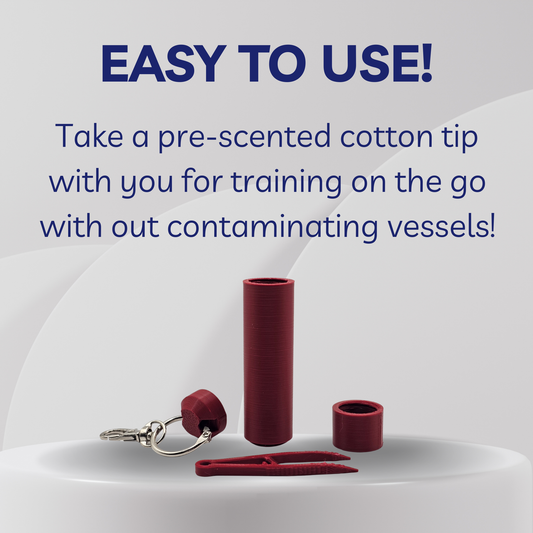 Red cotton swab holder with keychain and pre-scented cotton tip on a white background, text 'EASY TO USE!'.