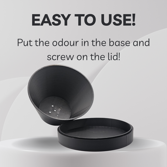 Black container with lid on a white background, featuring text about ease of use.