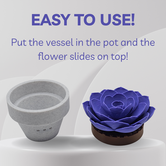 Gray vase with a purple flower on a white background, text 'EASY TO USE! Put the vessel in the pot and the flower slides on top!'.