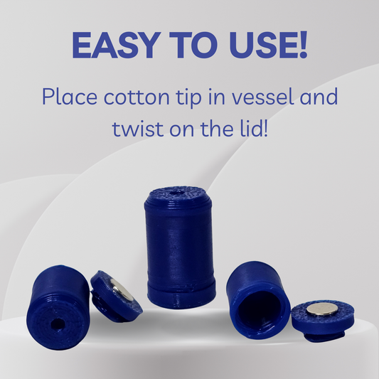 Blue 3D-printed cotton tip storage vessels shown on a light gray background with instructional text reading 'EASY TO USE! Place cotton tip in vessel and twist on the lid!'.