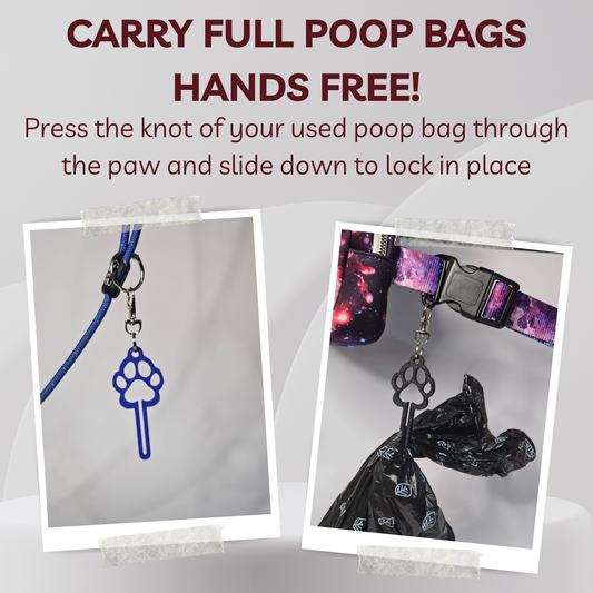 Promotional graphic for a pet poop bag carrier. Text at the top reads 'CARRY FULL POOP BAGS HANDS FREE!' with instructions below.