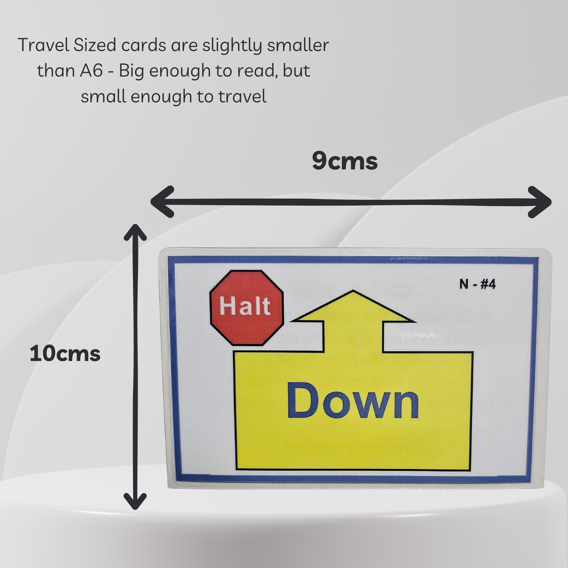Travel-sized card with road sign illustration and dimensions on a white background