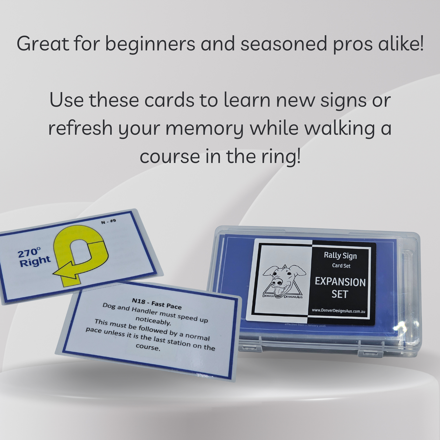 Dog training cards with text about learning signs or refreshing memory while walking a course in the ring.