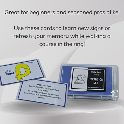 Dog training cards with text about learning signs or refreshing memory while walking a course in the ring.