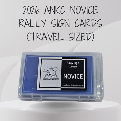 Travel-sized rally sign cards set for 2026 ANKC Novice with clear plastic case on a white background