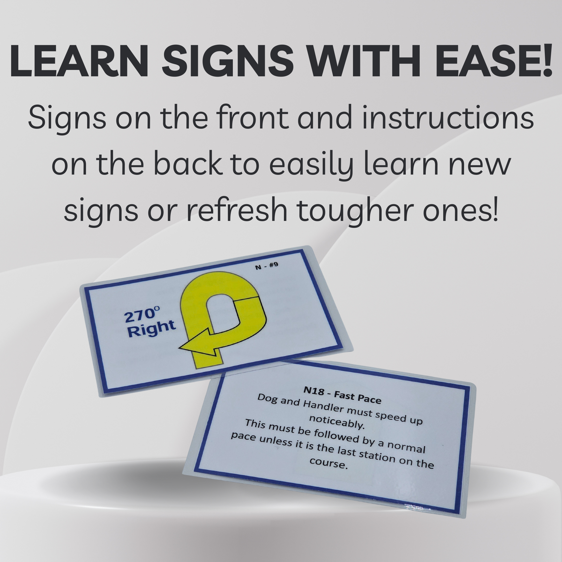 Two educational flashcards with signs and instructions on a gray background