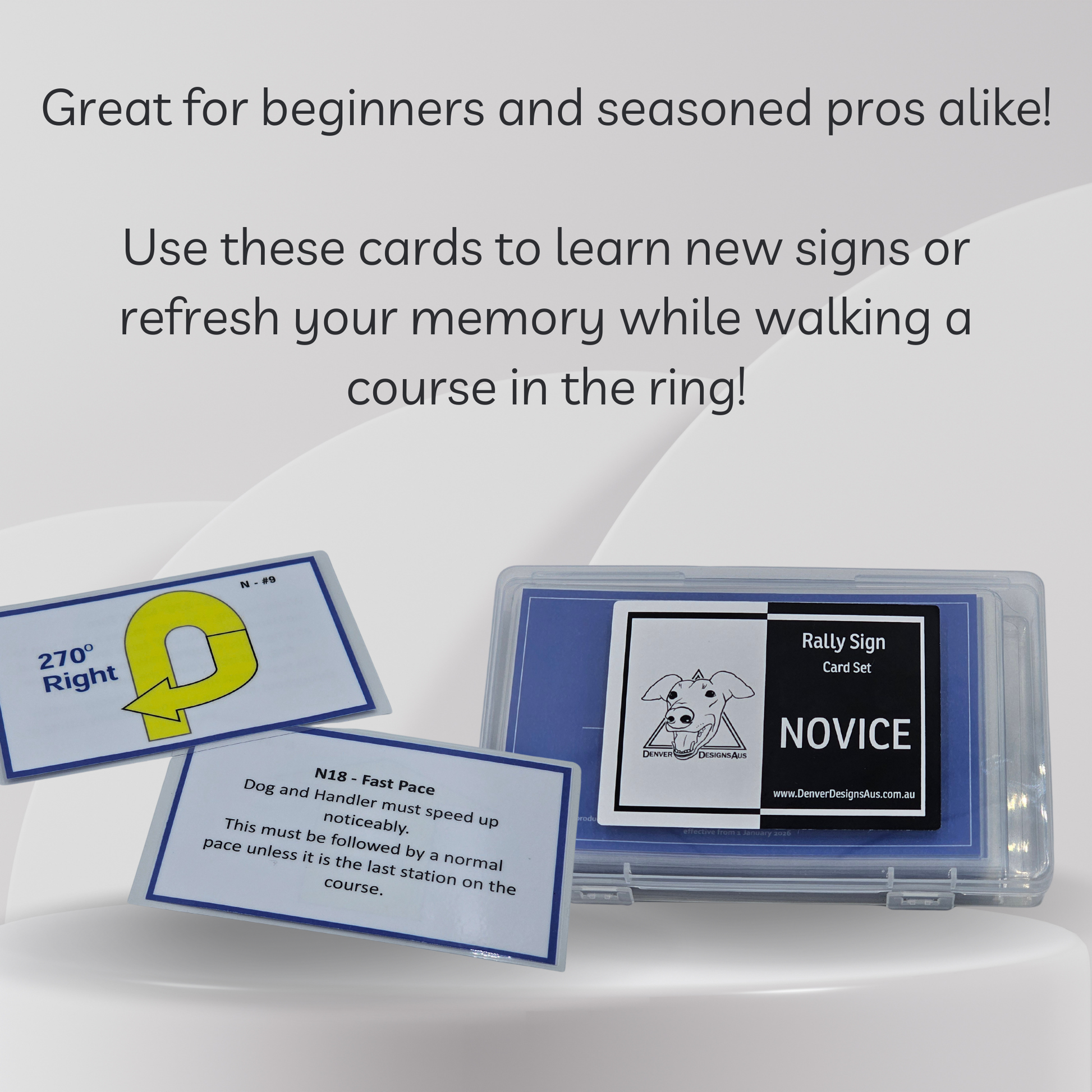 Two card sets in clear cases with text about learning new signs or refreshing memory while walking a course in the ring.