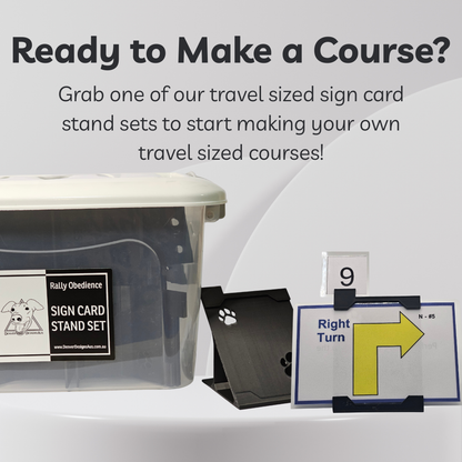 Travel-sized sign card stand set with clear storage container and sign card on a white background.