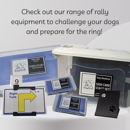 Rally obedience equipment set with sign cards and stands on a white background