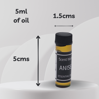 Anise essential oil bottle with measurements on a white background