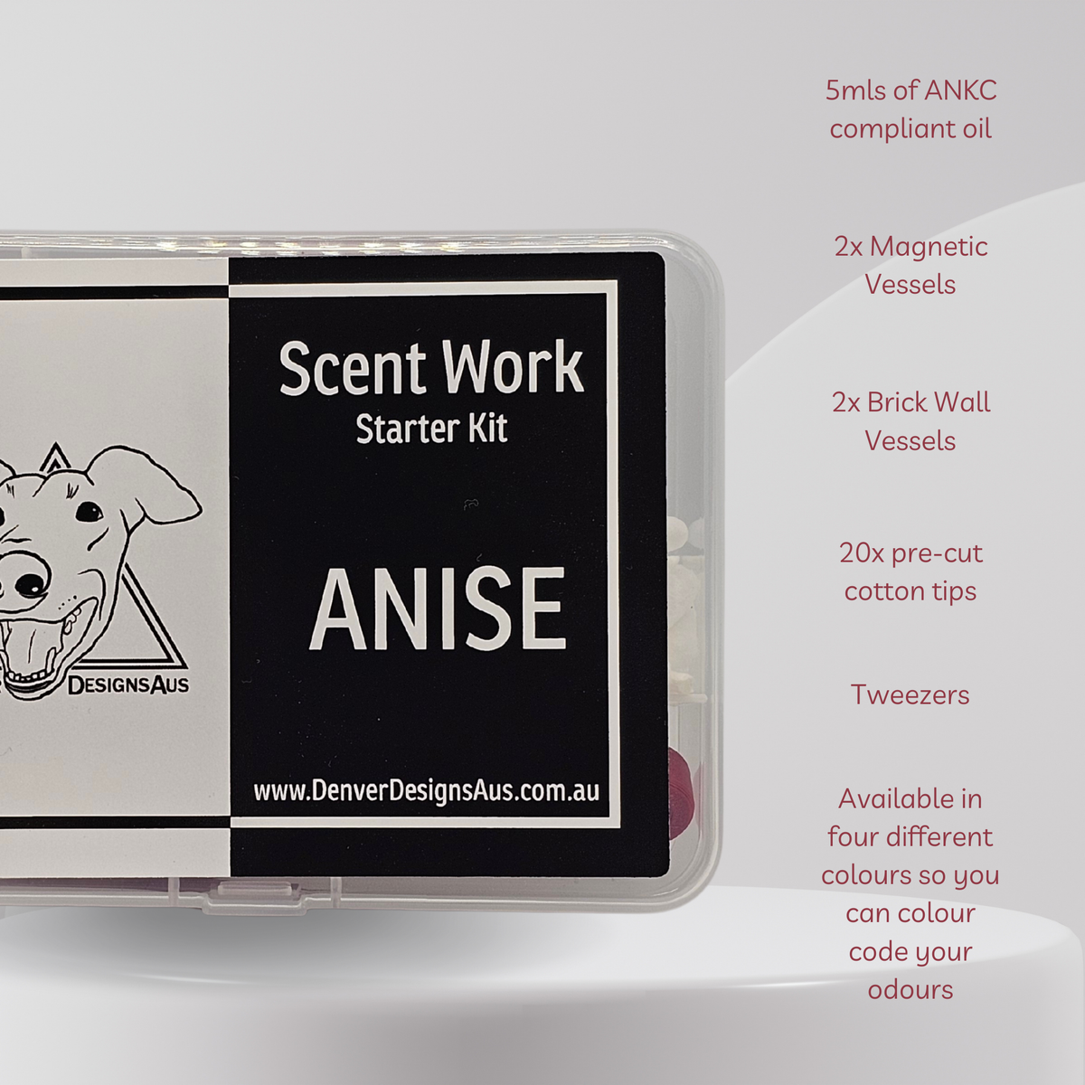 Scent Work Starter Kit in a clear plastic case with a black and white label reading 'ANISE' and 'Denver Designs Aus' logo, shown on a white background with product details text on the right.