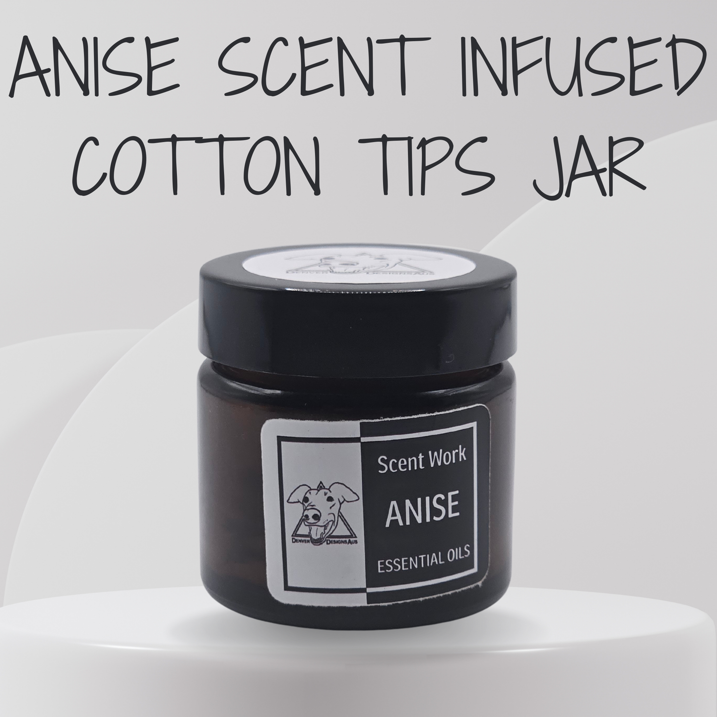 Black jar of Scent Work Anise essential oils with a label on a white background