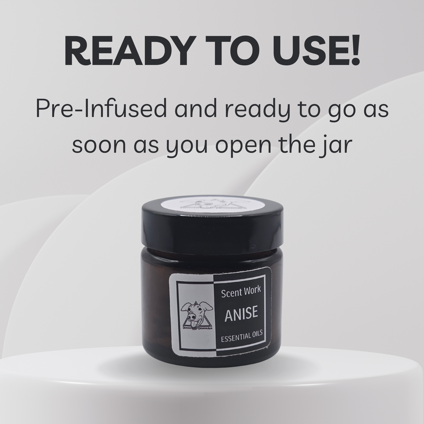 Black jar of Scent Work Anise essential oil with text indicating it's ready to use.