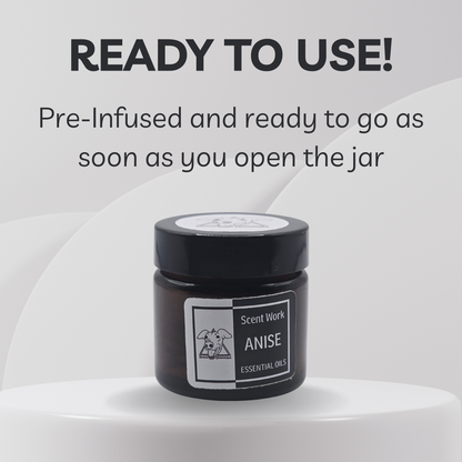 Black jar of Scent Work Anise essential oil with text indicating it's ready to use.