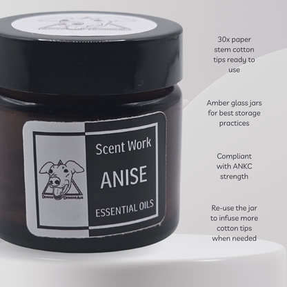 Black jar of Scent Work Anise essential oils with a label on a white background