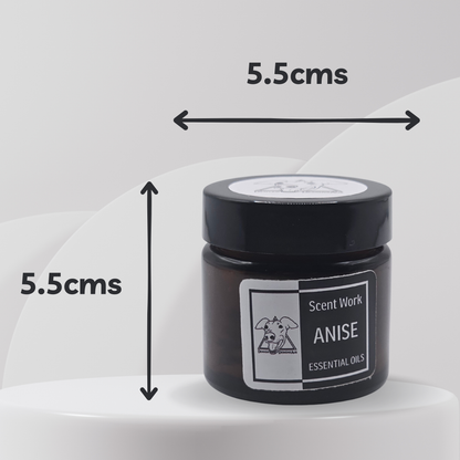 Black jar of Scent Work Anise essential oils with a label on a white background