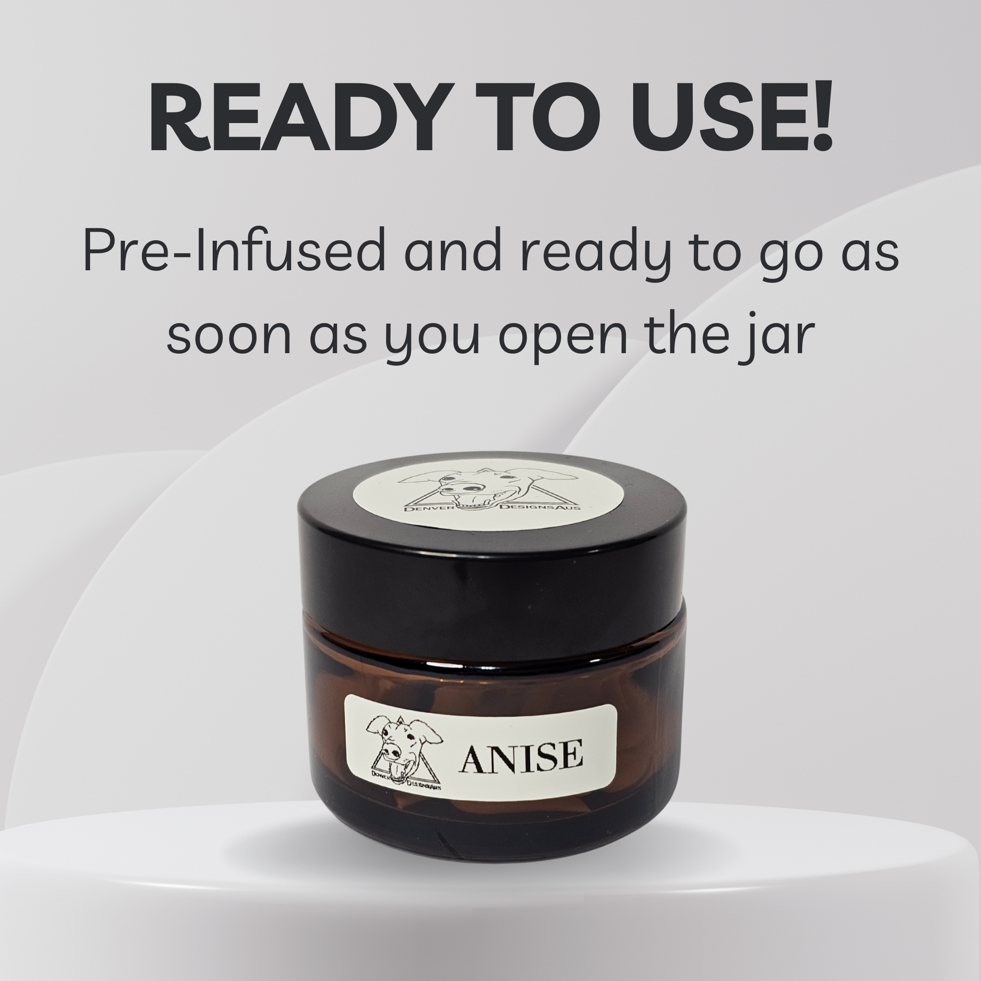 Jar labeled 'Anise' with a black lid on a white background, text indicating it's pre-infused and ready to use.