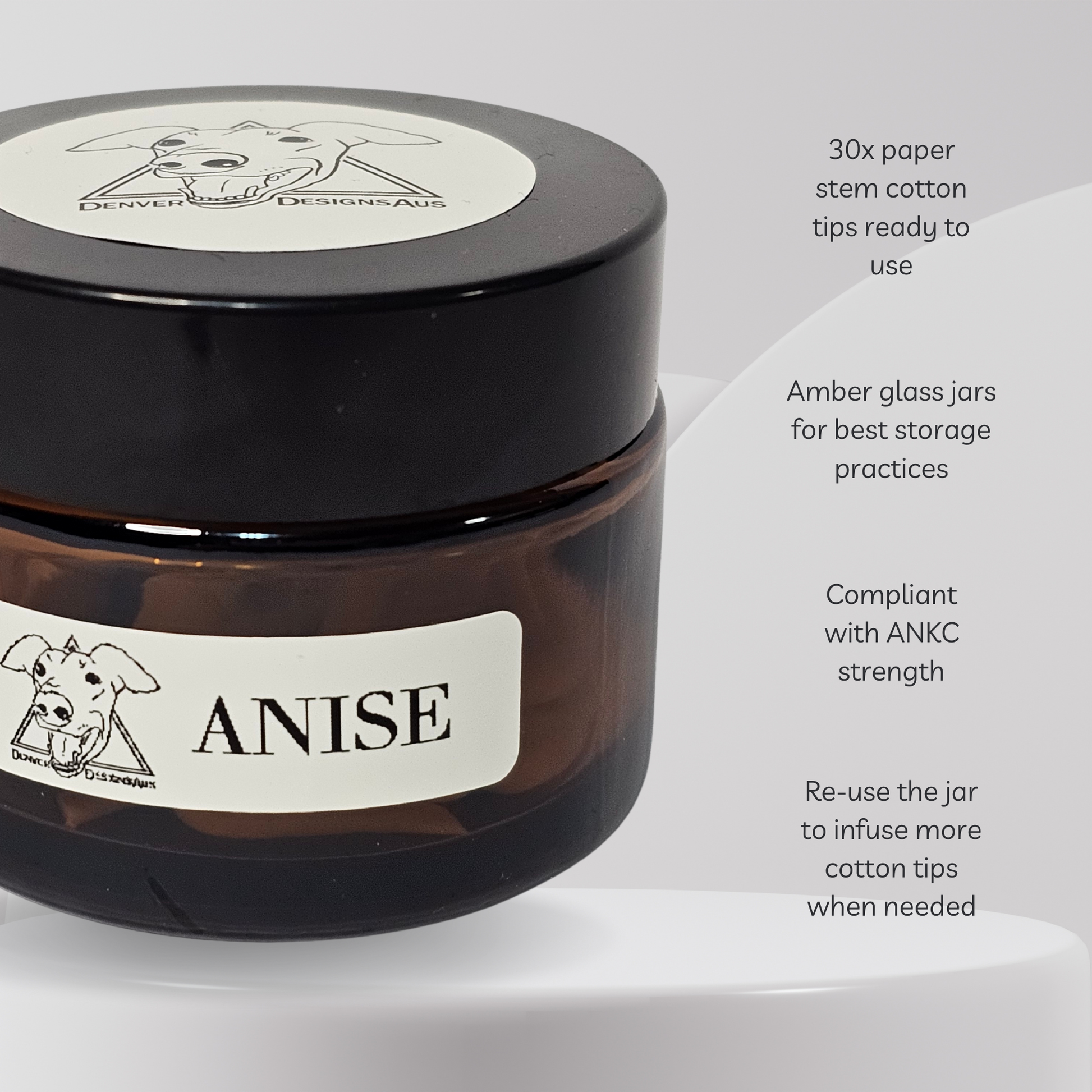 Amber glass jar labeled 'Anise' with a black lid on a white background