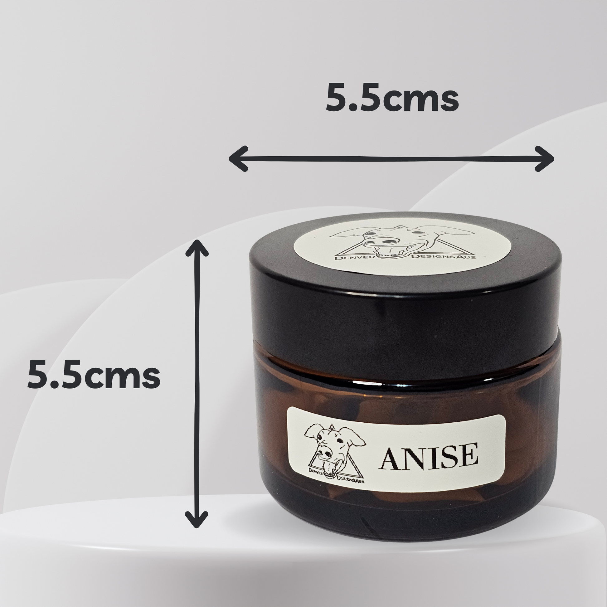 Brown jar labeled 'Anise' with dimensions indicated on a white background