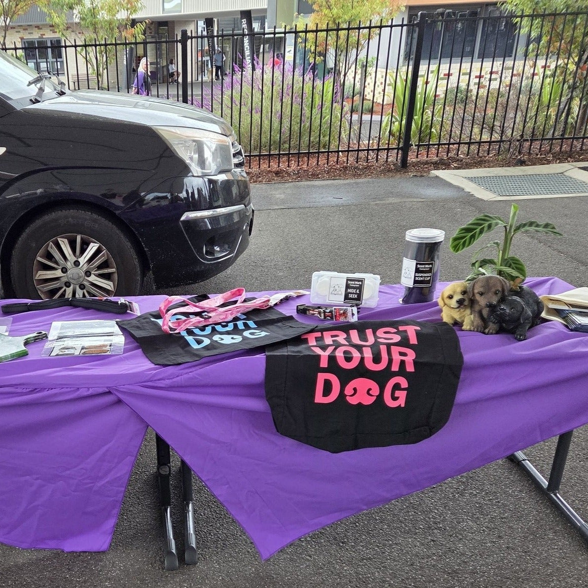 Purple tablecloth-covered table with various items including a gift basket and merchandise in front of a black car.
