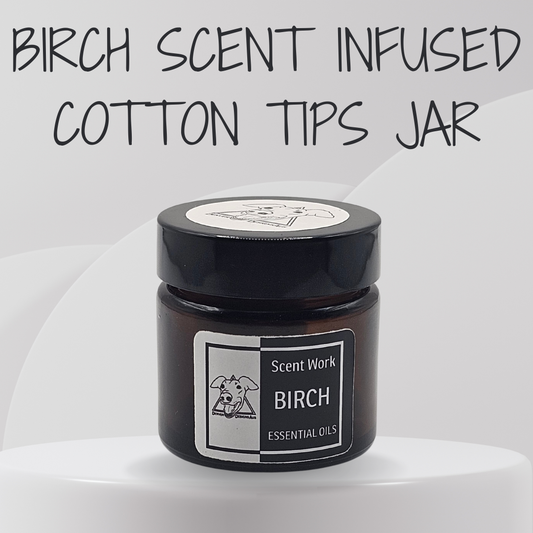 Jar of birch scent infused cotton tips with 'Scent Work' label on a white background