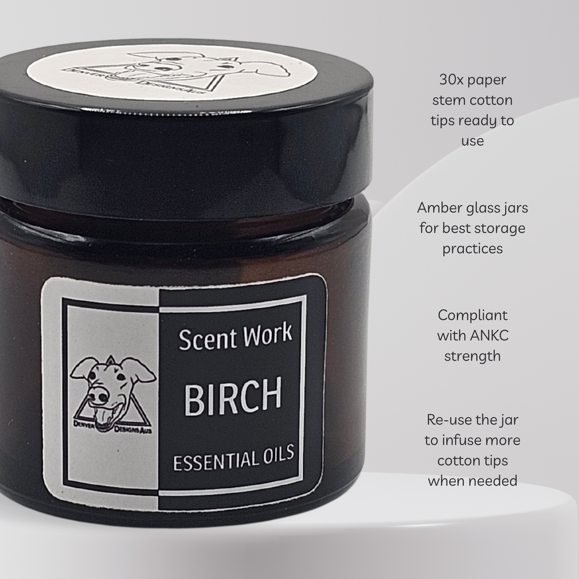 Jar of Scent Work Birch essential oils with product details on a white background