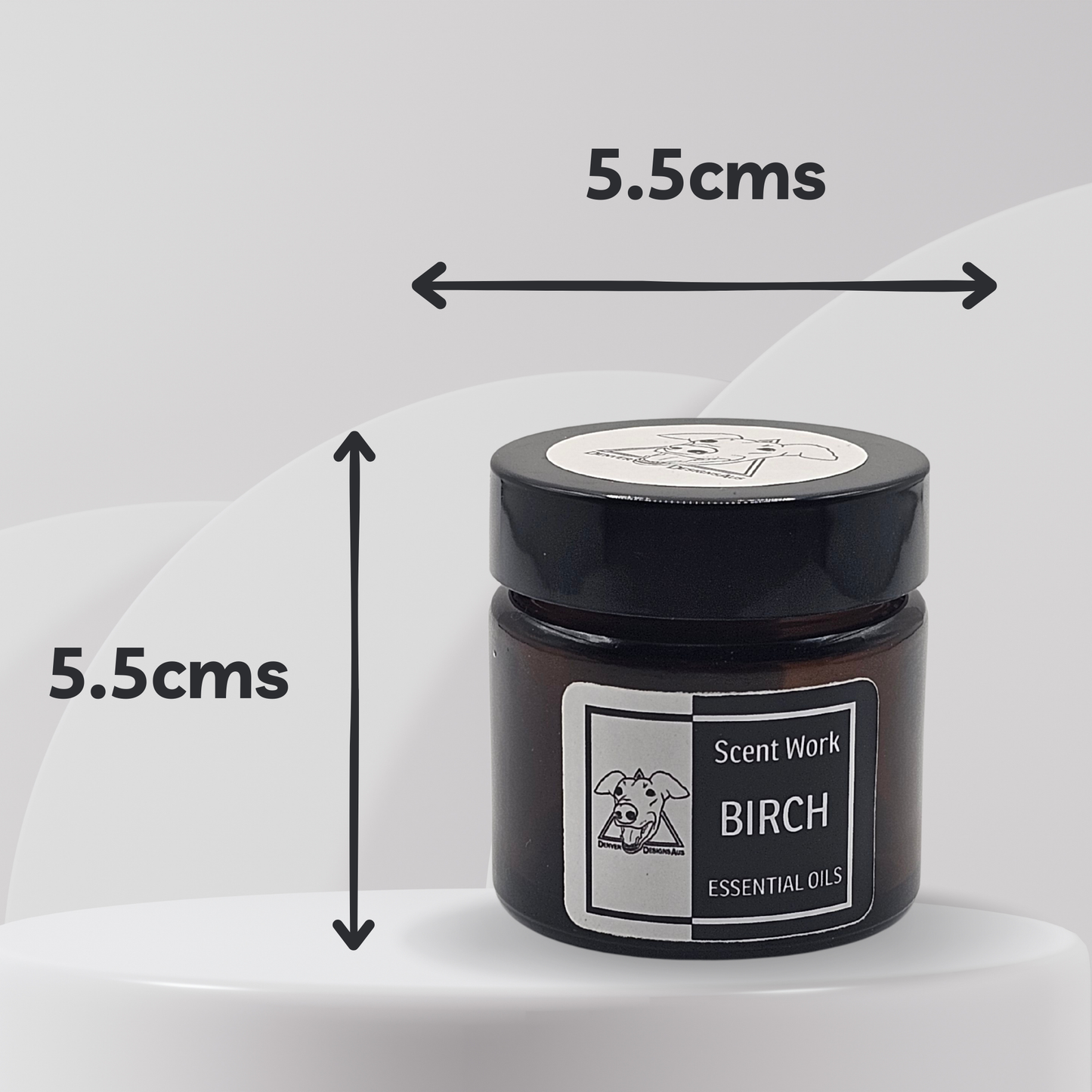 Jar of 'Scent Work Birch Essential Oils' with dimensions indicated on a white background