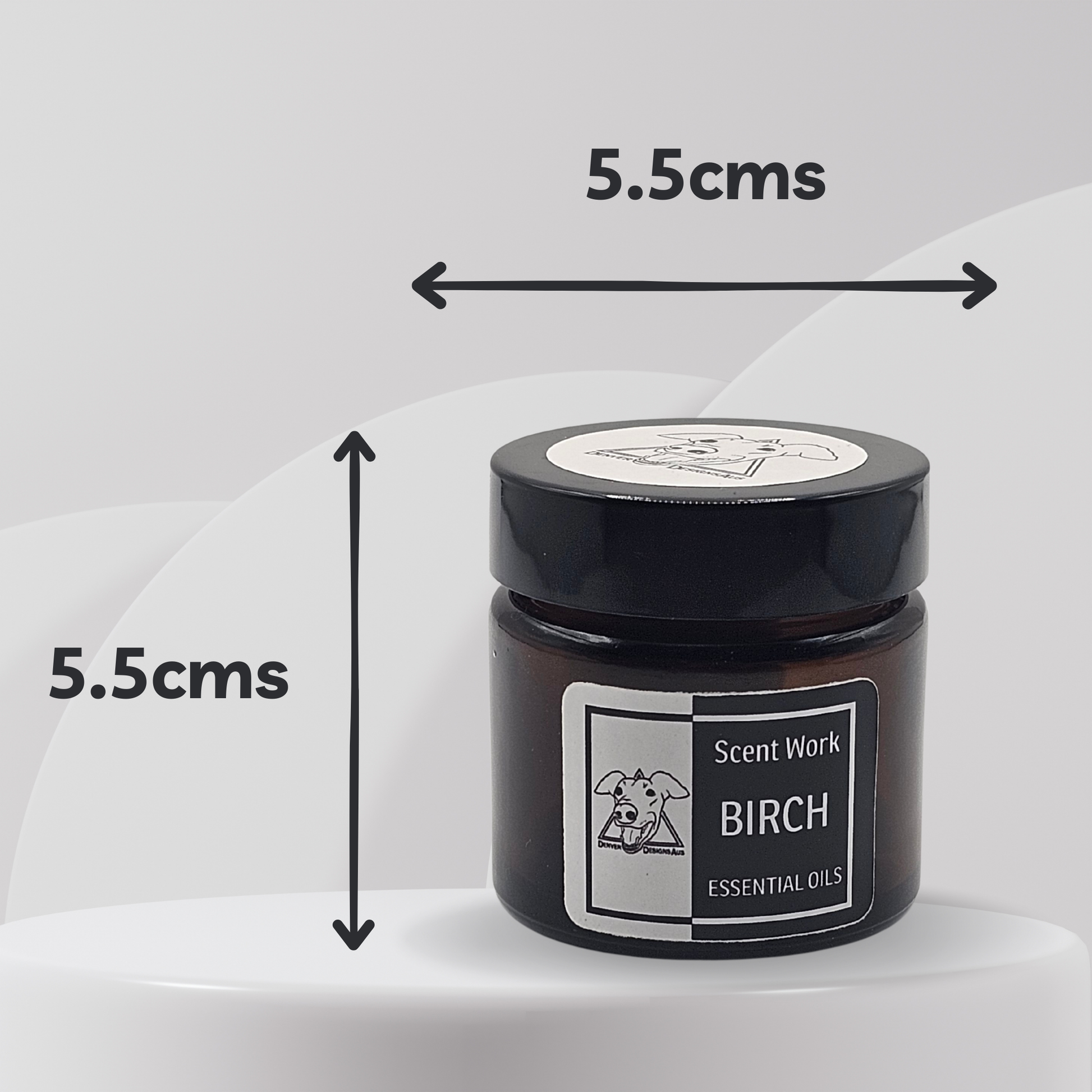 Jar of 'Scent Work Birch Essential Oils' with dimensions indicated on a white background