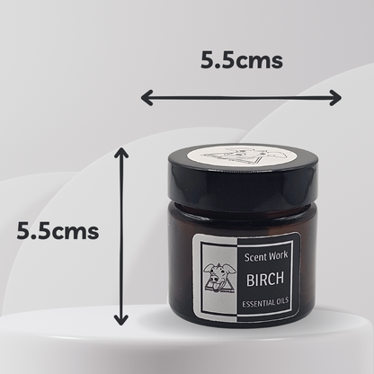 Jar of 'Scent Work Birch Essential Oils' with dimensions indicated on a white background