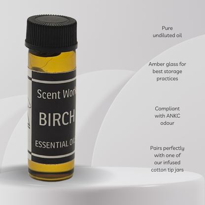 Bottle of Scent Work Birch essential oil with text on a white background