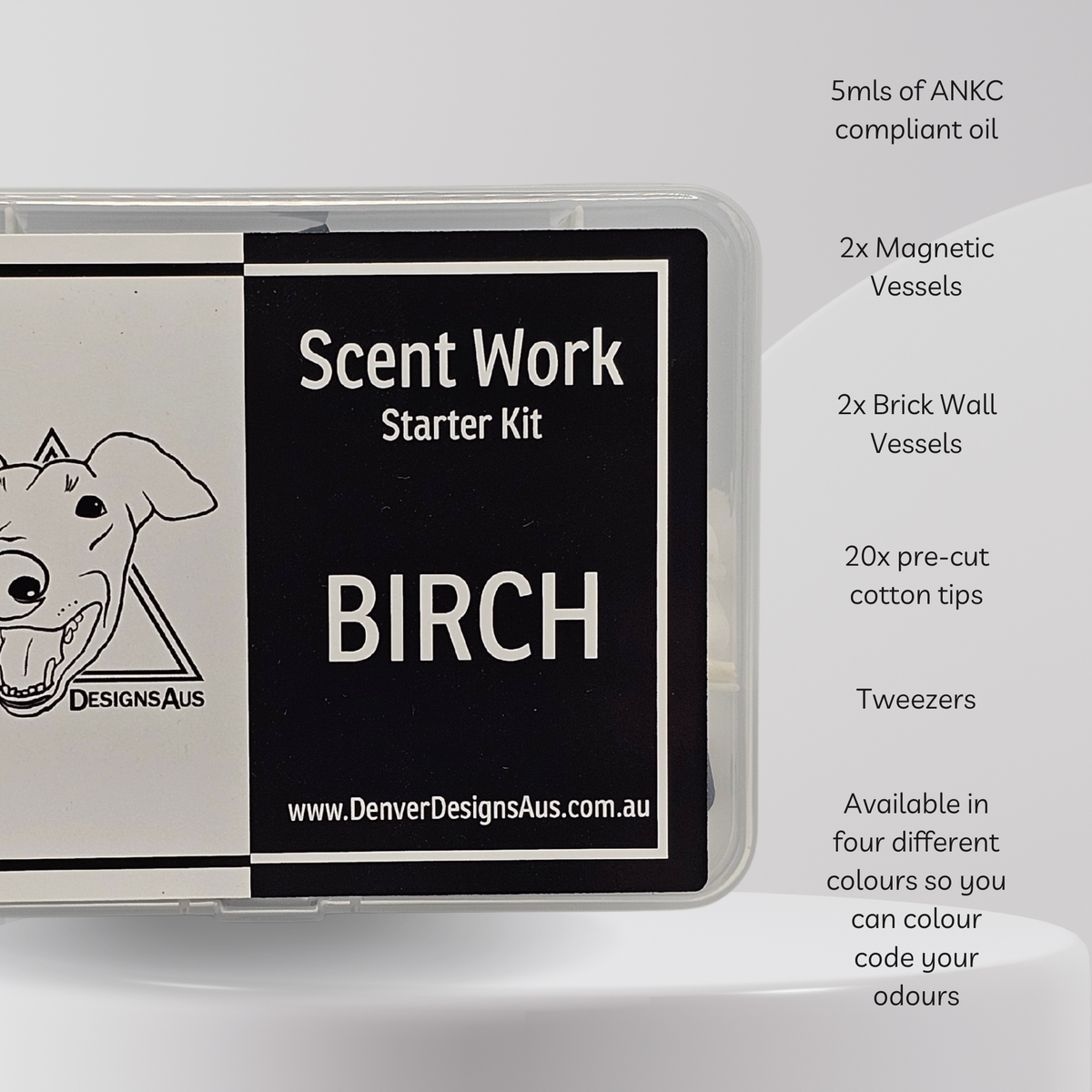 Scent Work Starter Kit in a clear plastic case with a black and white label reading 'BIRCH' and 'Denver Designs Aus'. Text on the right lists included items: 5mls of ANKC compliant oil, 2x magnetic vessels, 2x brick wall vessels, 20x pre-cut cotton tips, tweezers, and notes about available colours.