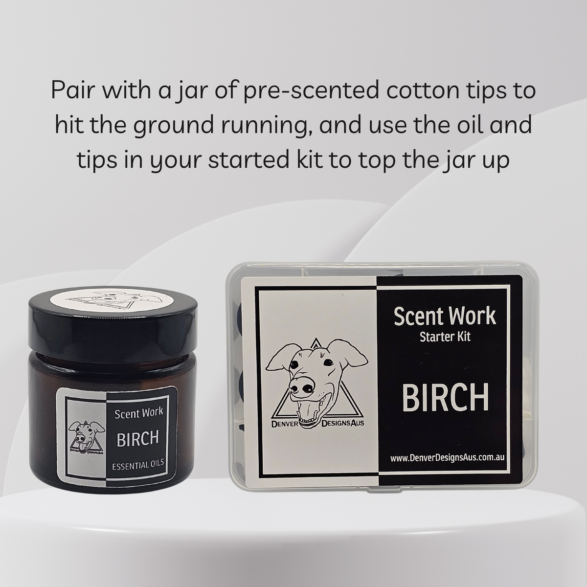 Scent Work Starter Kit Birch essential oil set featuring a small black jar of Birch pre scented cotton tips on the left and a clear plastic starter kit box on the right, both with black and white labels showing a dog illustration and the text 'Scent Work Starter Kit BIRCH'. Text at the top explains how to use the kit with pre-scented cotton tips.