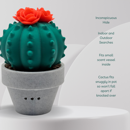 Cactus-shaped container with a red flower on a white background
