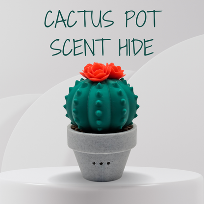 Green Cactus-shaped scented product in a gray pot on a white background with text 'Cactus POT SCENT HIDE'.