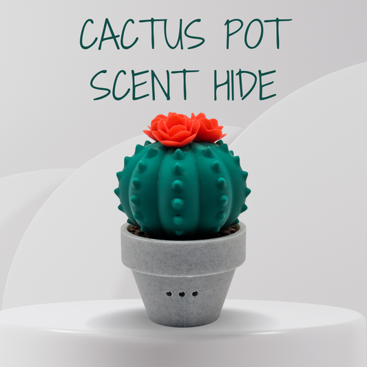 Green Cactus-shaped scented product in a gray pot on a white background with text 'Cactus POT SCENT HIDE'.