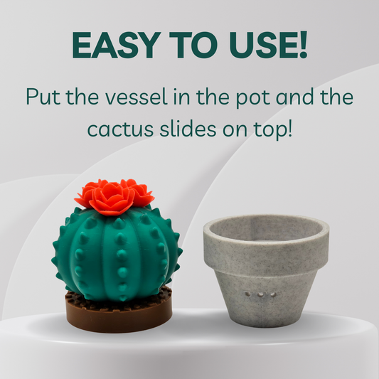 Gray vase with a green cactus on a white background, text 'EASY TO USE! Put the vessel in the pot and the cactus slides on top!'.