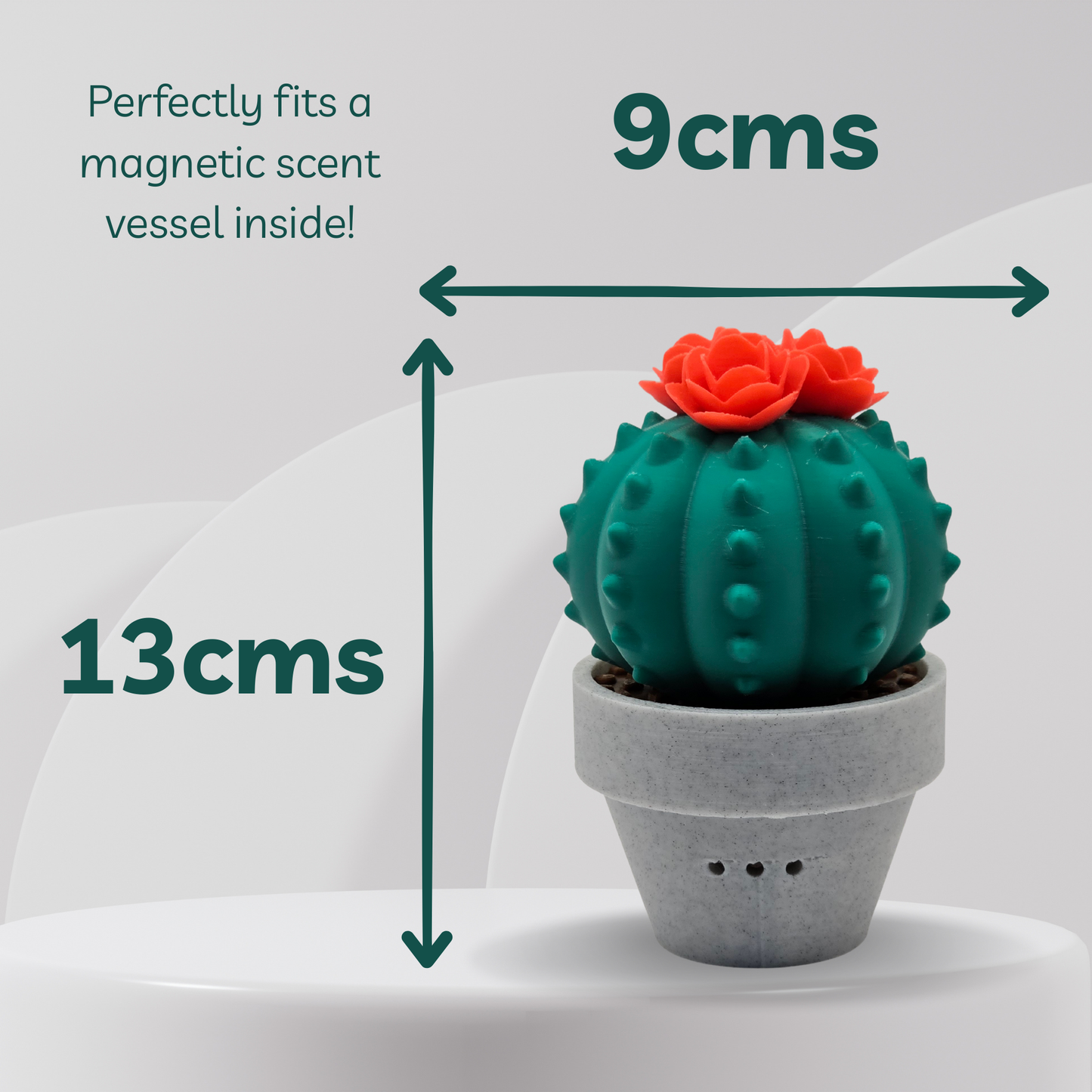 Green cactus-shaped scent vessel with dimensions indicated on a white background