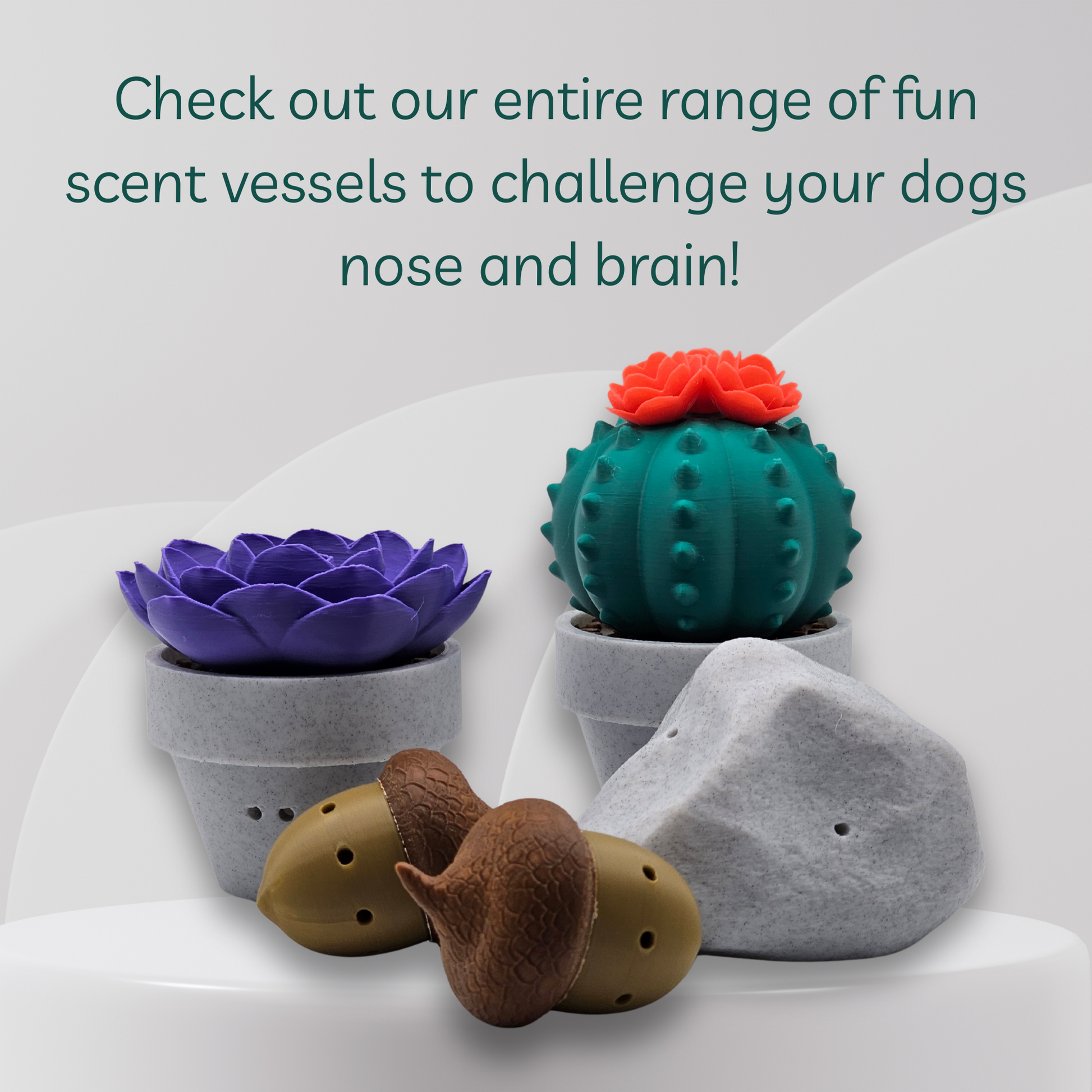 Colorful scented dog toys shaped like plants and animals on a white surface with promotional text.