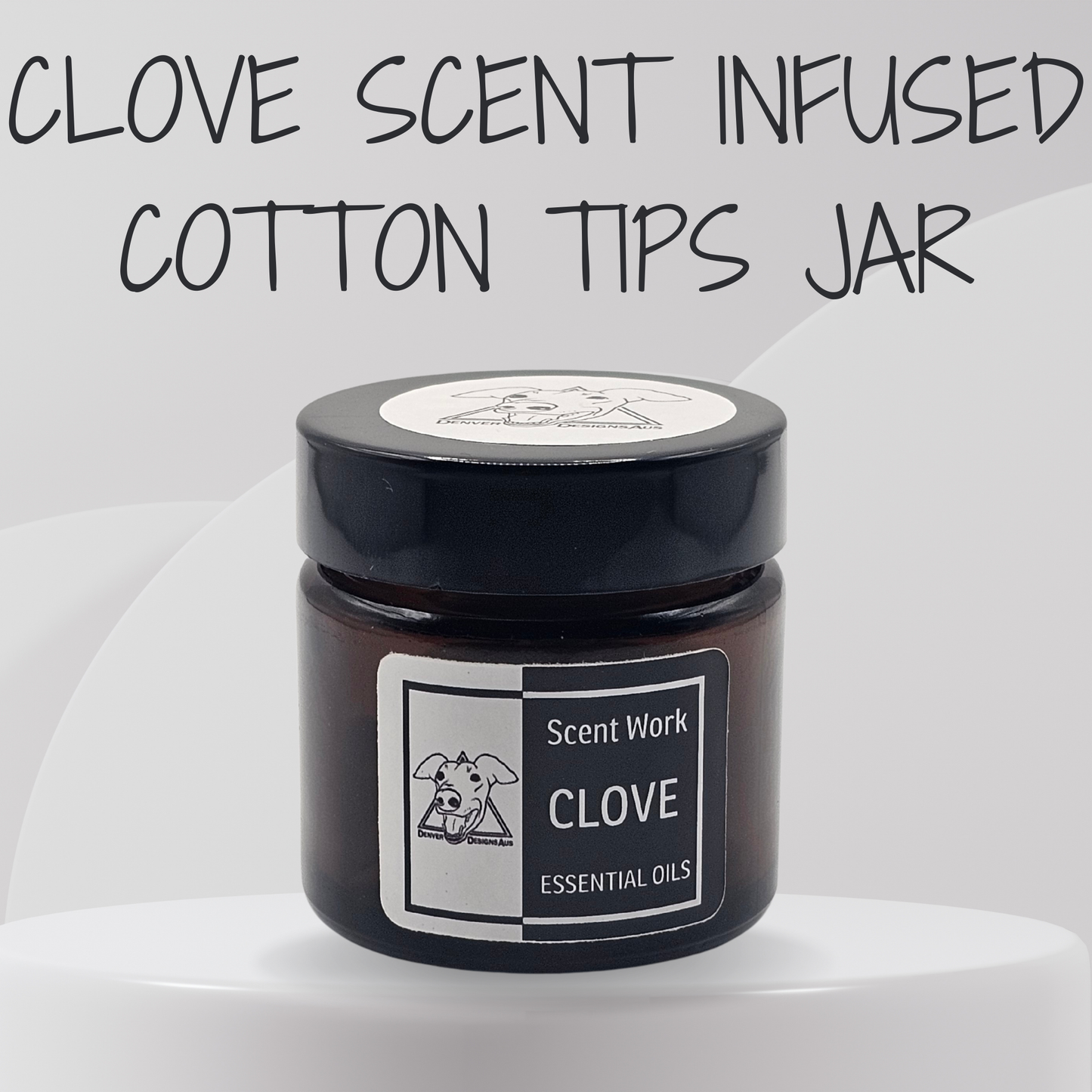 Jar of clove scent infused cotton tips with 'Scent Work' label on a white background