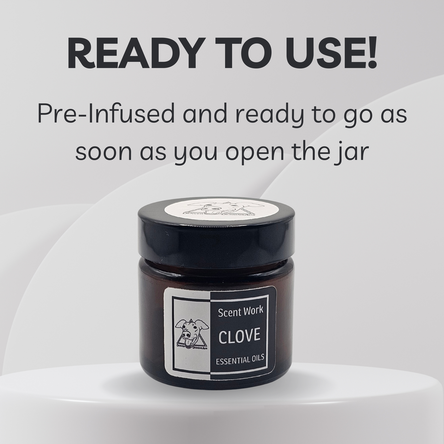 Jar of Scent Work Clove essential oils with text indicating it is ready to use.