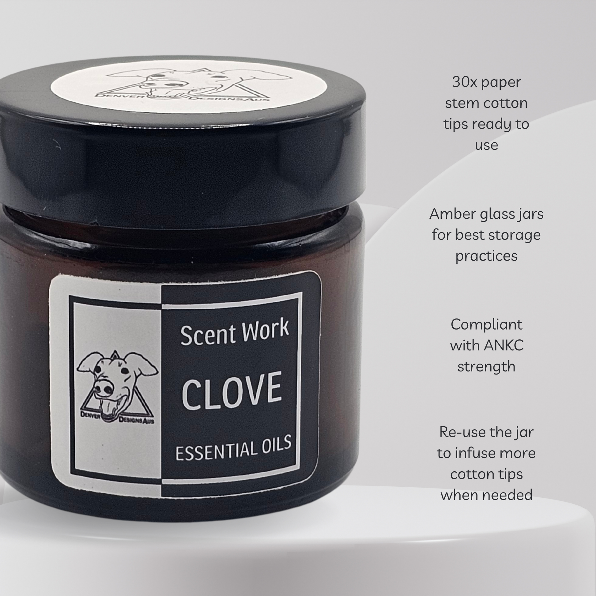 Scent Work Clove essential oils jar with product details on a light gray background