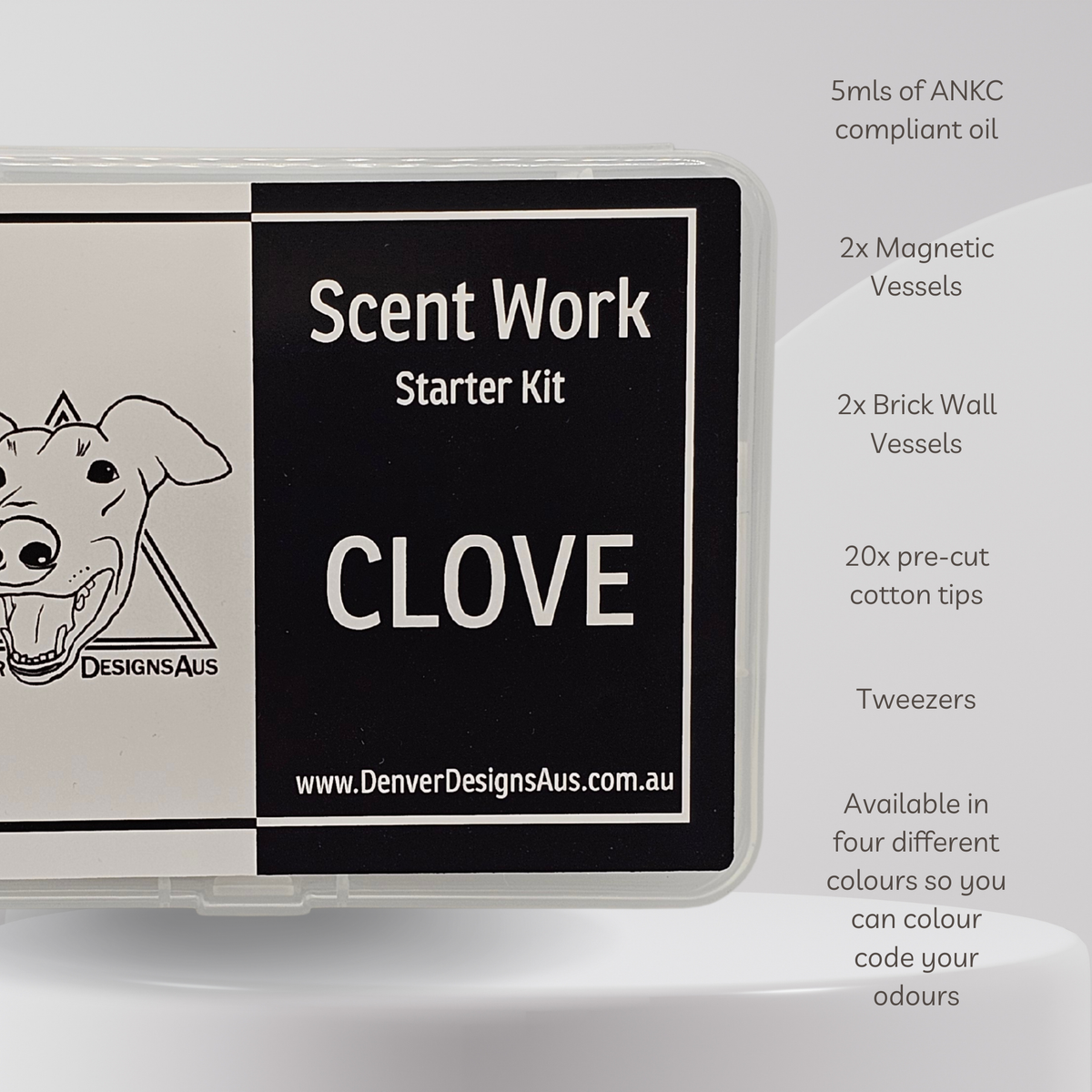 A clear plastic case labeled 'Scent Work Starter Kit' with a black-and-white panel reading 'CLOVE' and 'DesignsAus' branding, shown on a white background with product details printed along the right side.