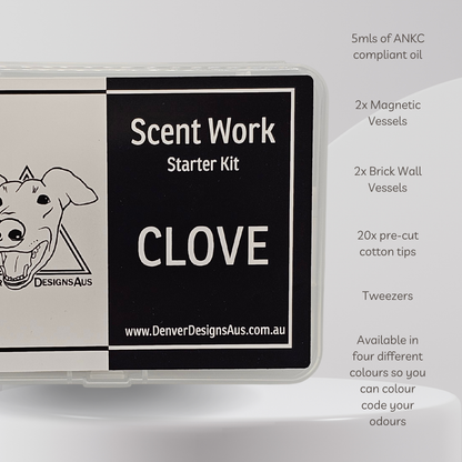 A clear plastic case labeled 'Scent Work Starter Kit' with a black-and-white panel reading 'CLOVE' and 'DesignsAus' branding, shown on a white background with product details printed along the right side.