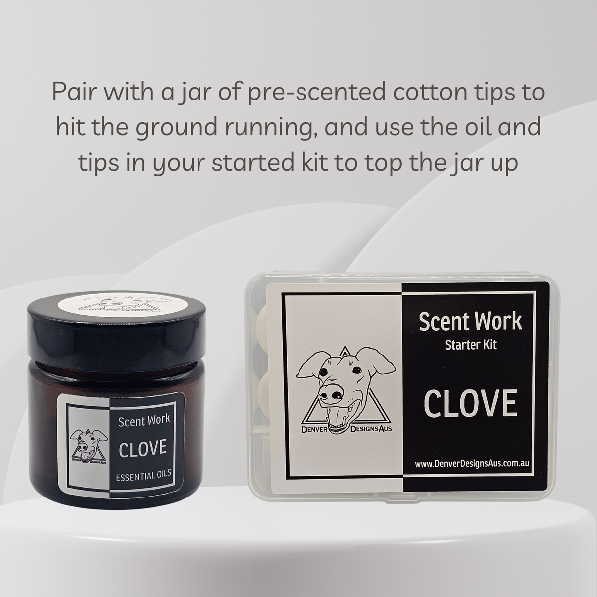 Scent Work Starter Kit in clove, showing a small dark glass jar of pore scented cotton tips and a clear plastic starter kit box with a black and white label, set against a light gray background with instructional text.