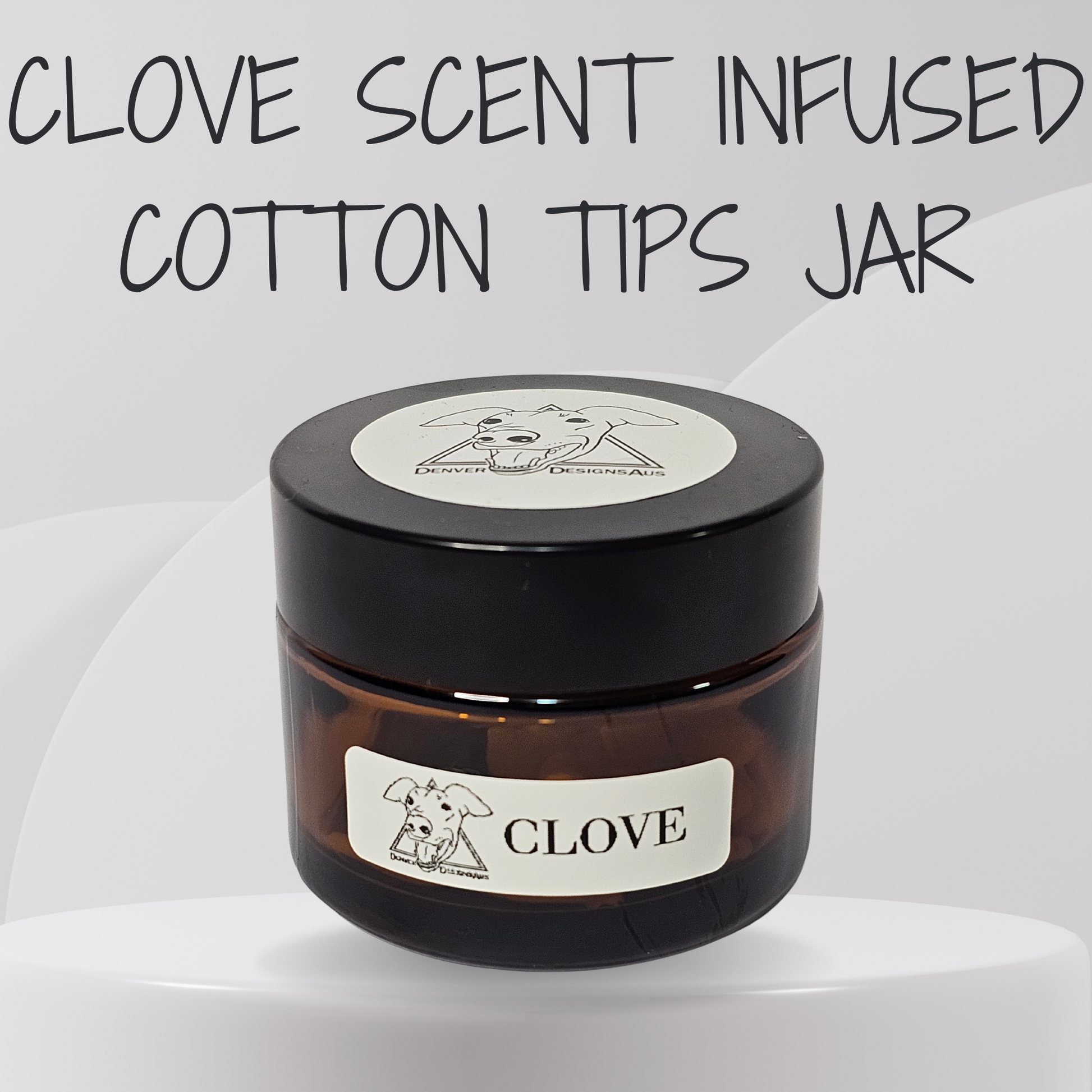 Clove-scented cotton tips jar with 'Clove' branding on a white background