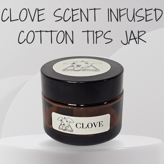 Clove-scented cotton tips jar with 'Clove' branding on a white background