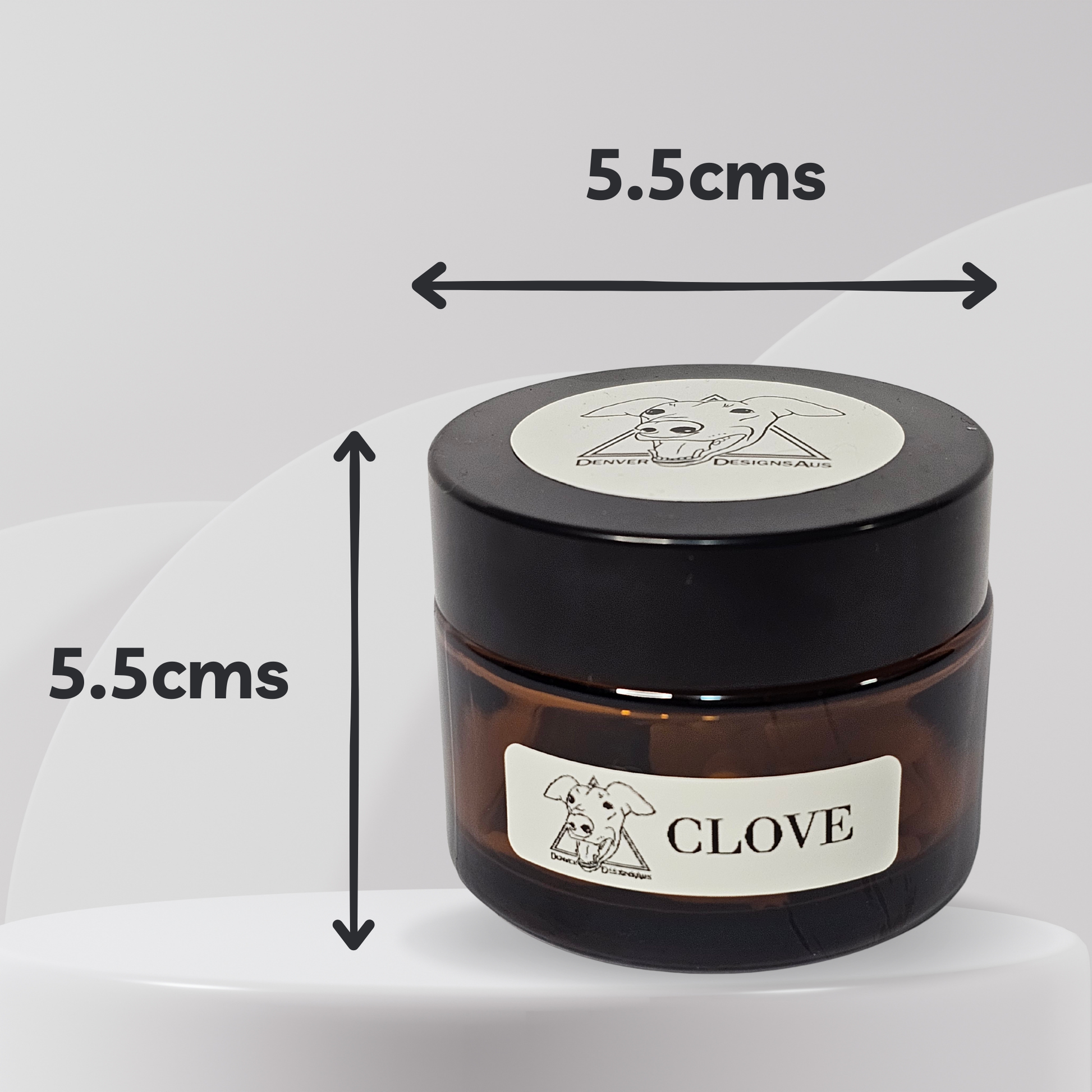 Jar labeled 'Clove' with dimensions indicated on a white background